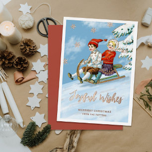 Cute Vintage Kids Sledding Scene   Joyful Wishes