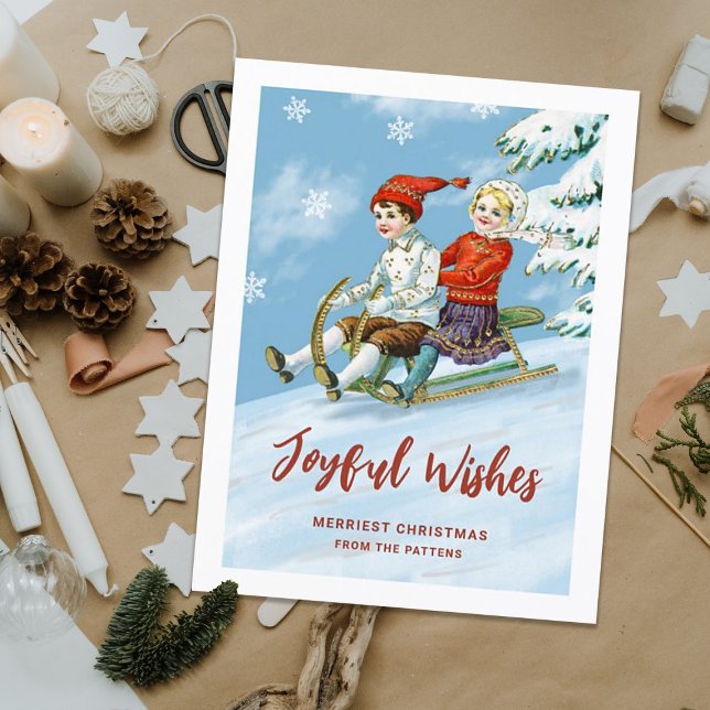 Cute Vintage Kids Sledding Scene | Joyful Wishes  Holiday Postcard (Creator Uploaded)