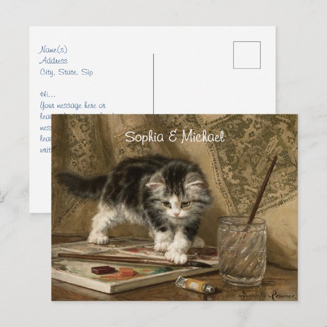 Cute Vintage Kitten Art, Names & Message Postcard (Front/Back)