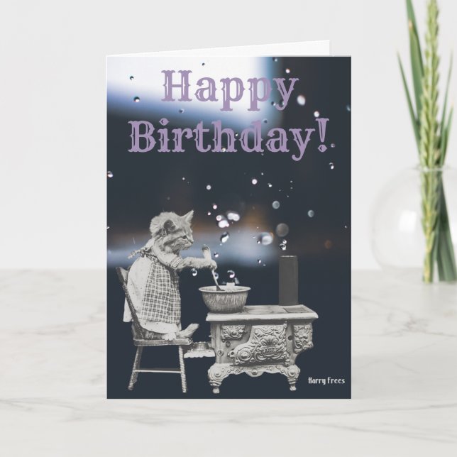 Cute Vintage Kitten at stove Photo Birthday Card (Front)
