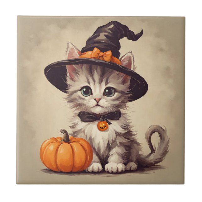 Cute Vintage Kitten in Halloween Witch Costume  Tile (Front)