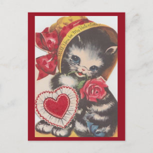 Cute Vintage Kitty Cat in Bonnet 1950's Valentine Postcard