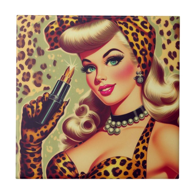 Cute Vintage Leopard Print Girl Tile (Front)