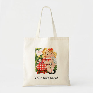 Cute vintage little girl with a doll tote bag
