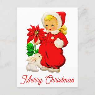 Cute Vintage Merry Christmas Retro Girl Postcard