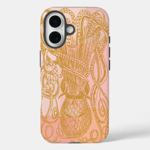 Cute Vintage Octopus Line Art Illustration in Pink iPhone 16 Case