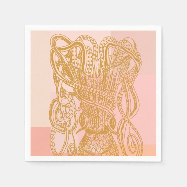 Cute Vintage Octopus Line Art Illustration in Pink Napkin (Front)