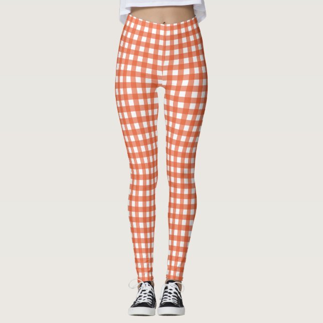 Cute Vintage Orange Gingham Plaid Pattern  Leggings (Front)