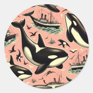 Cute Vintage Orca Pattern Classic Round Sticker