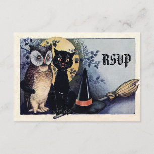 Cute Vintage Owl and Cat Halloween RSVP Card