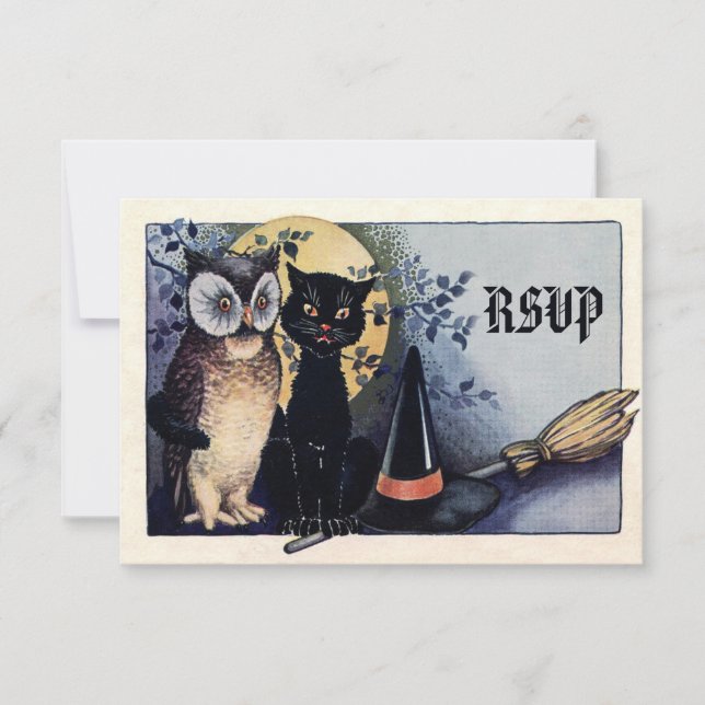 Cute Vintage Owl and Cat Halloween RSVP Card (Front)