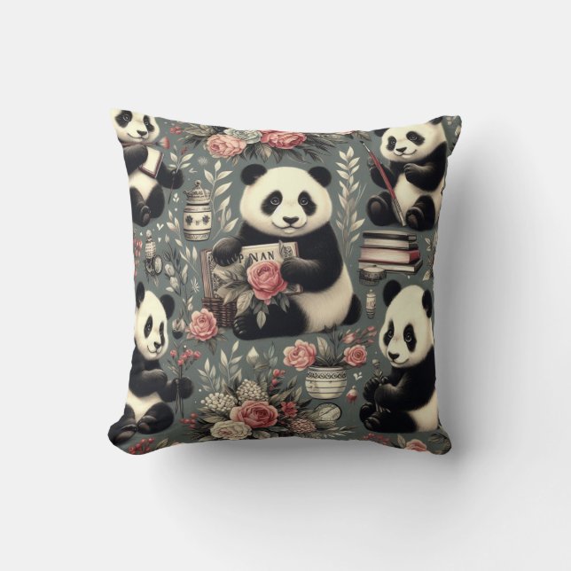 Cute Vintage Panda Floral Cushion (Front)