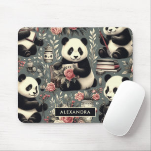 Cute Vintage Panda Floral Mouse Pad