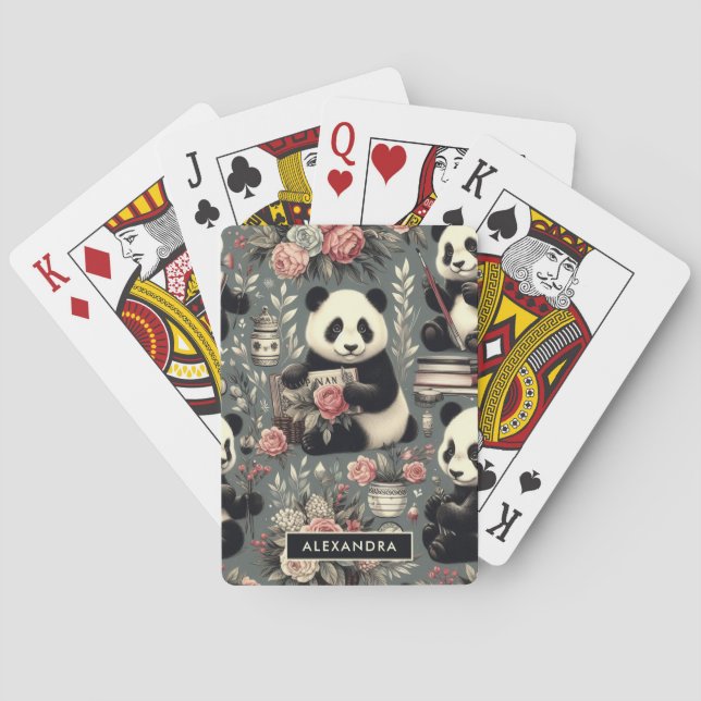 Cute Vintage Panda Floral Playing Cards (Back)