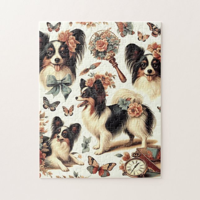 Cute Vintage Papillon Dog Illustration Jigsaw Puzzle (Vertical)