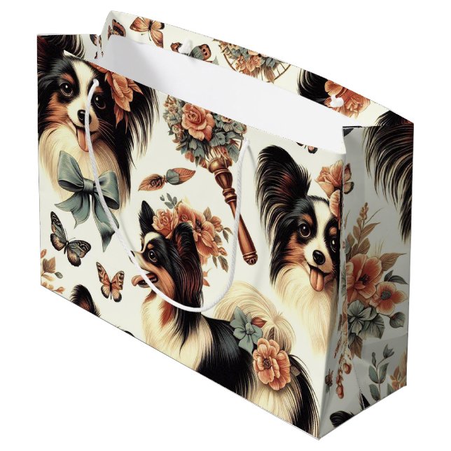 Cute Vintage Papillon Dog Illustration Large Gift Bag (Back Angled)