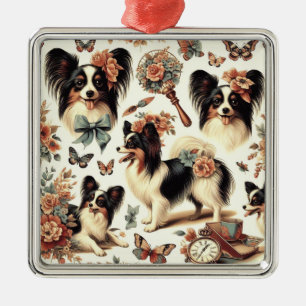 Cute Vintage Papillon Dog Illustration Metal Tree Decoration