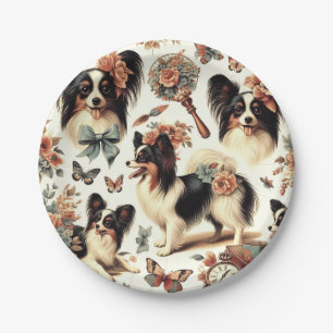Cute Vintage Papillon Dog Illustration Paper Plate