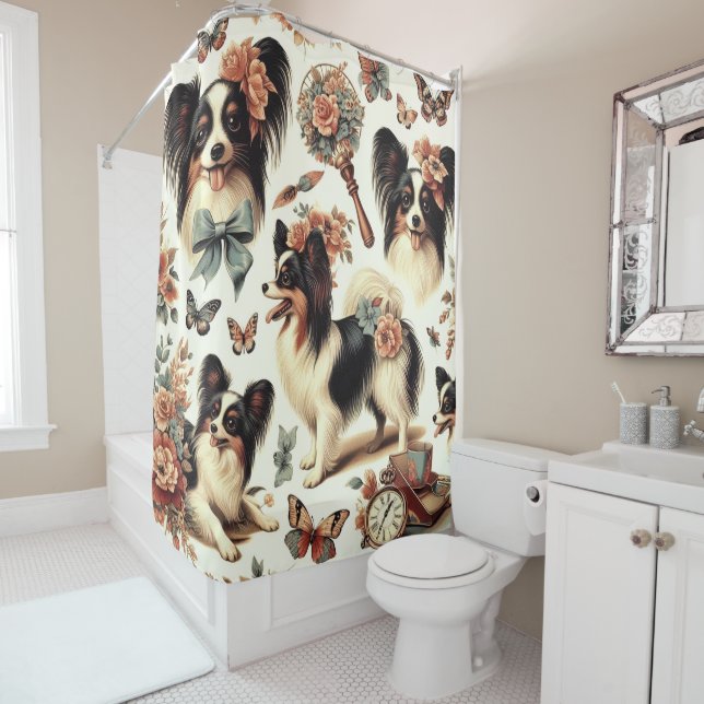 Cute Vintage Papillon Dog Illustration Shower Curtain (In Situ)