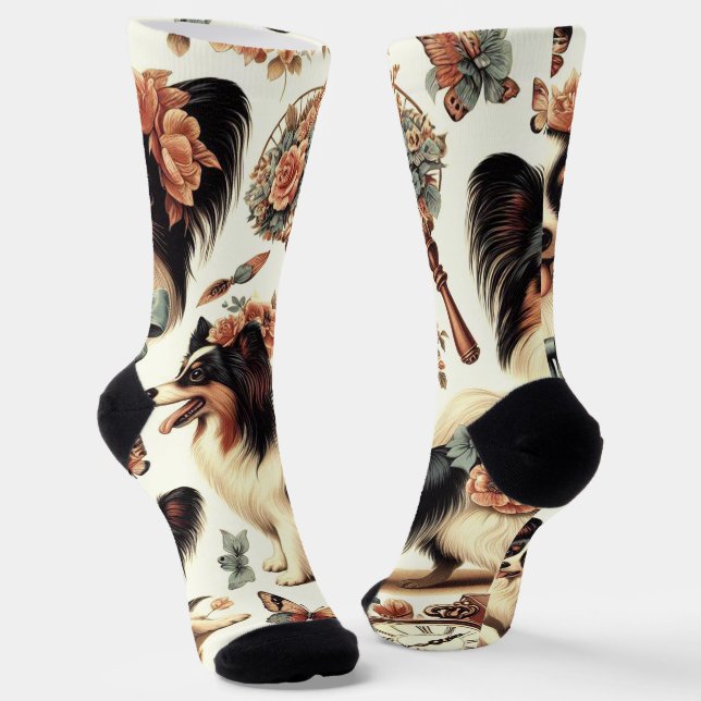 Cute Vintage Papillon Dog Illustration Socks (Angled)