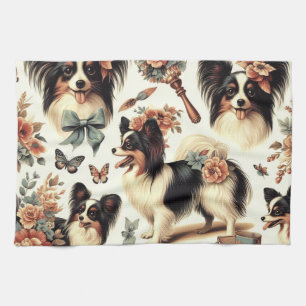 Cute Vintage Papillon Dog Illustration Tea Towel