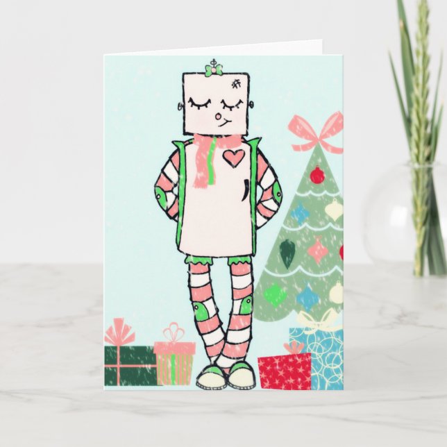 Cute Vintage Pastel Holiday Robot & Tree (Front)