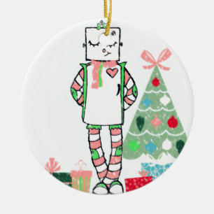 Cute Vintage Pastel Holiday Robot & Tree Ceramic Tree Decoration