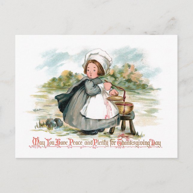 Cute Vintage Pilgrim Girl with Cooking Pot Postcard (Front)