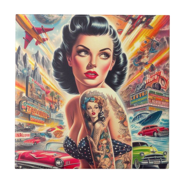 Cute Vintage Pin-up Art Tile (Front)