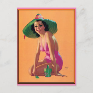 Cute ! Vintage pin up girl art  postcard