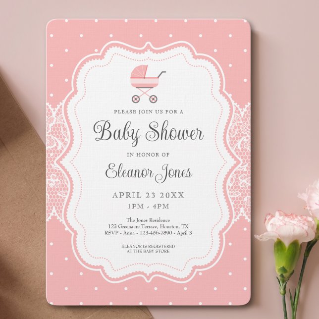 Cute Vintage Pink Baby Shower Invitation (Baby shower invitation with rounded corners)