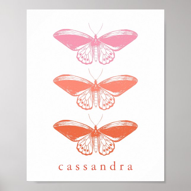 Cute Vintage Pink Butterfly Illustration Poster (Front)