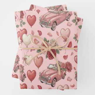 Cute Vintage Pink Car & Heart Balloons Pattern Wrapping Paper Sheet