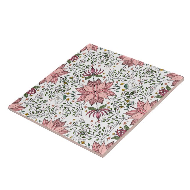 Cute Vintage Pink Floral Doodles Tile Art (Side)