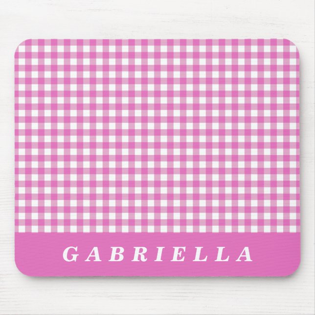 Cute Vintage Pink Gingham Plaid Personalised  Mouse Pad (Front)