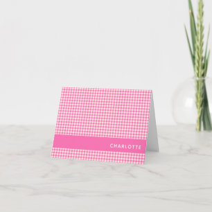Cute Vintage Pink Gingham Plaid Personalised Name Note Card