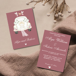 Cute vintage pink wedding car invitation