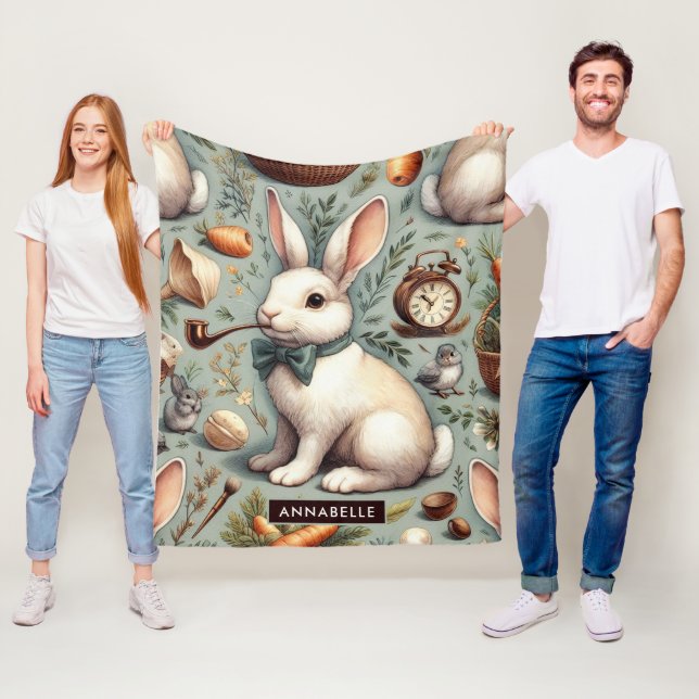 Cute Vintage Rabbit Fleece Blanket (In Situ)