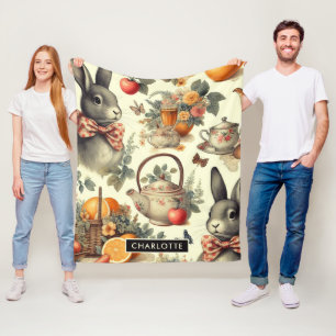 Cute Vintage Rabbit Painting Fleece Blanket
