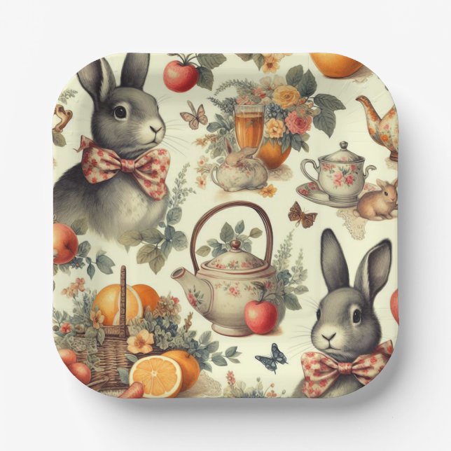 Cute Vintage Rabbit Painting Paper Plate (Front)