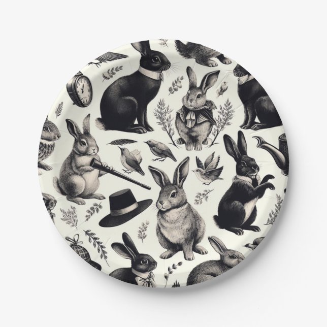 Cute Vintage Rabbit Pattern Paper Plate (Front)