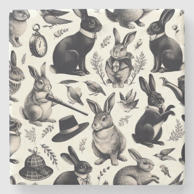 Cute Vintage Rabbit Pattern Stone Coaster (Front)