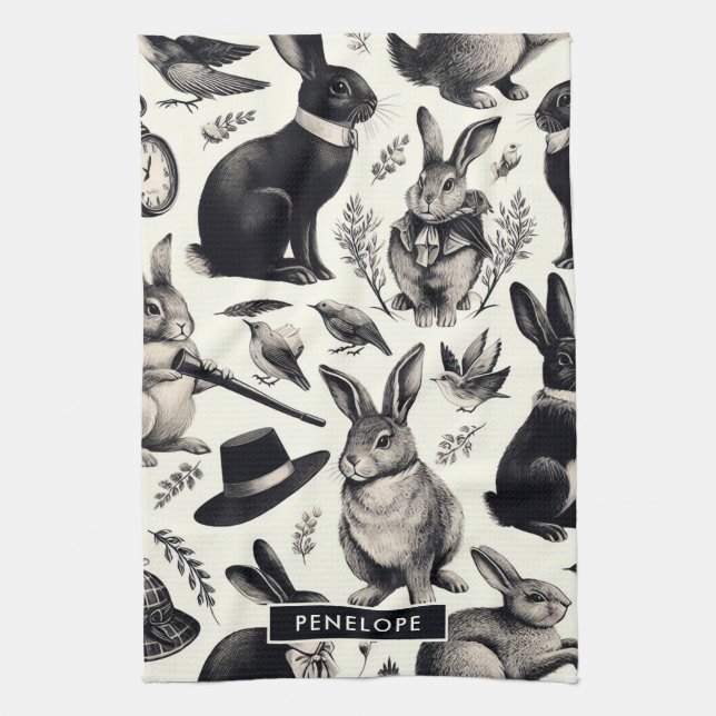 Cute Vintage Rabbit Pattern Tea Towel (Vertical)