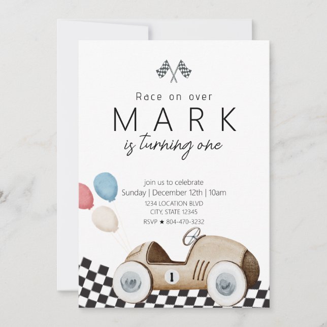 Cute Vintage Race Car Birthday Invitation (Front)