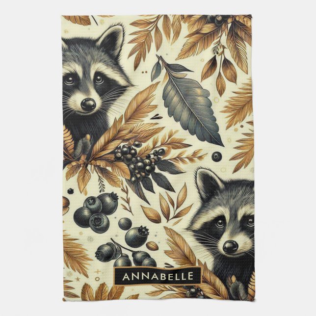 Cute Vintage Racoon Pattern Tea Towel (Vertical)