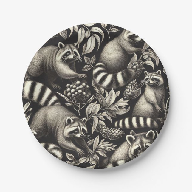 Cute Vintage Racoon Seamless Paper Plate (Front)