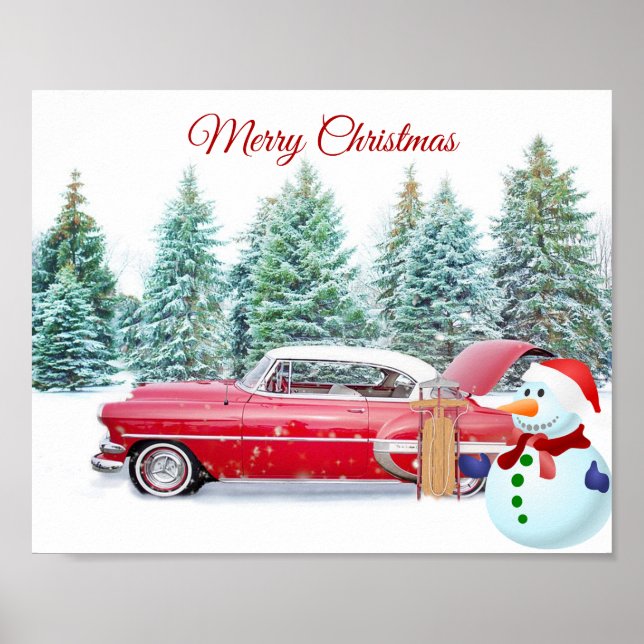 Cute, Vintage, Red Car, Snowman, Christmas Poster (Front)