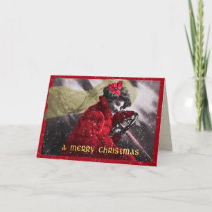 Cute Vintage Red Girl Driving Car  Holiday Card