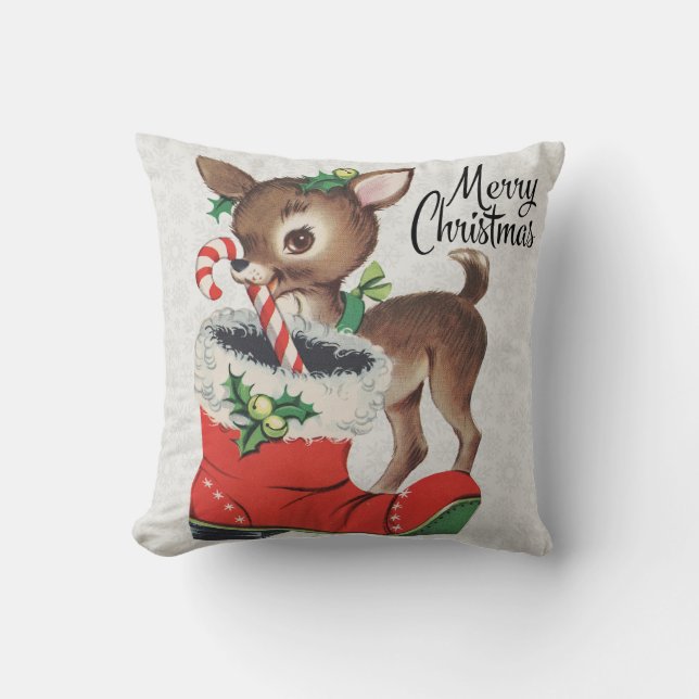 Cute Vintage Reindeer with Candy Cane Pillow (Front)