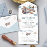 Cute Vintage Retro Blue Aeroplane Pilot Baby Showe All In One Invitation<br><div class="desc">Amaze your guests with this elegant baby shower invite featuring a cute pilot flying an aeroplane among clouds with detachable book request card. Simply add your event details on this easy-to-use template to make it a one-of-a-kind invitation.</div>
